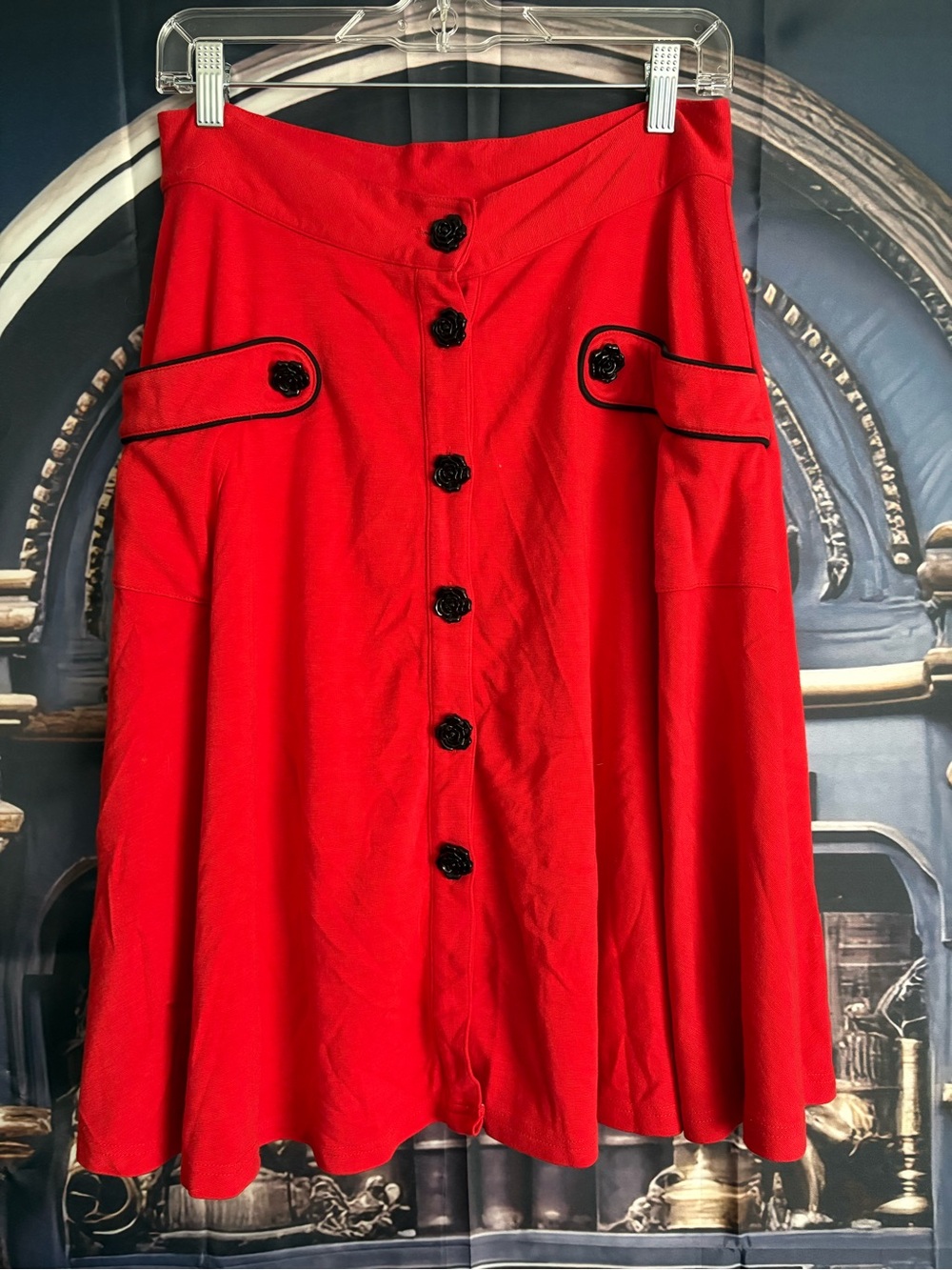 Voodoo Vixen Red A-Line Skirt with Black Trim Buttons